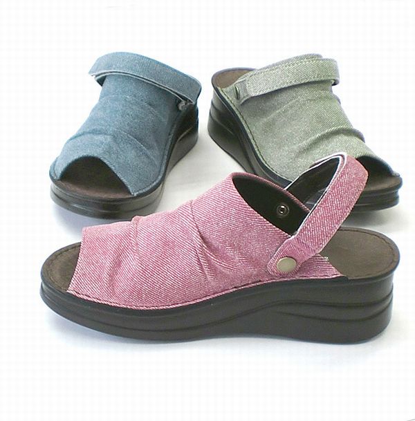 ミュール サンダル レディースシューズ レディースファッション 靴 ゴード革 デニム加工素材 クシュクシュ オープントゥー 2WAY 柔らか